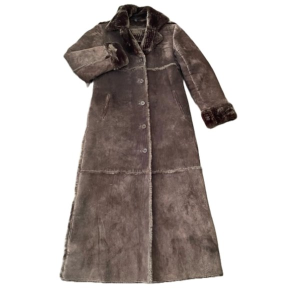 Express Jackets & Blazers - Express Brown Long Maxi Leather Penny Lane Coat with Faux Fur Trim Sherpa